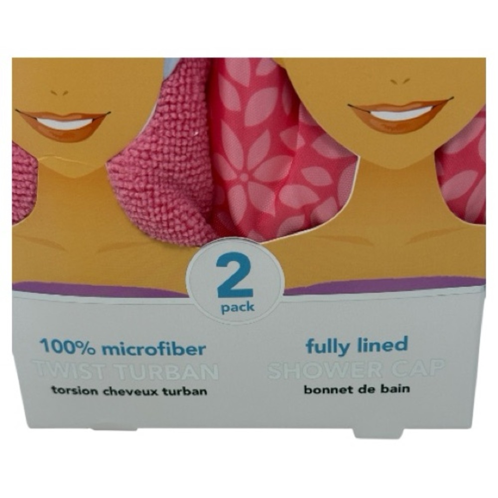 Spa Savvy Pink and White Hair Turban and Shower Cap Set - Picture 2 of 8